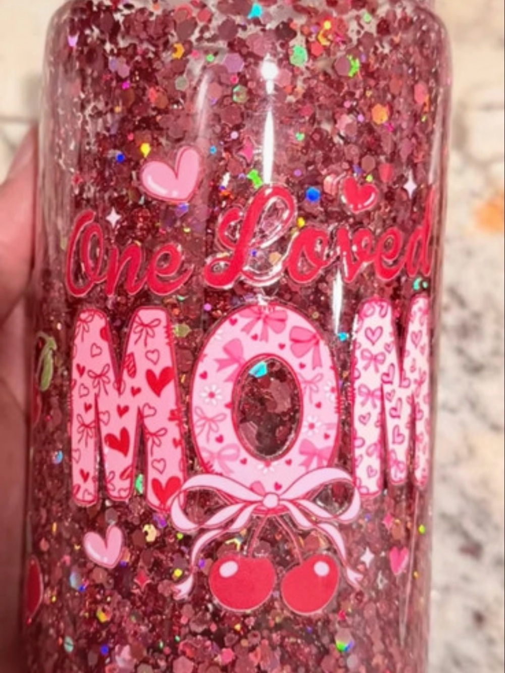 One Loved Mom Pink Glitter Tumbler